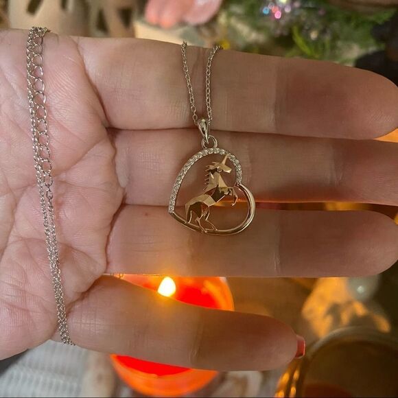 Unicorn in Heart Two-Tone Sterling Silver Rose Gold Necklace - Picture 1 of 4